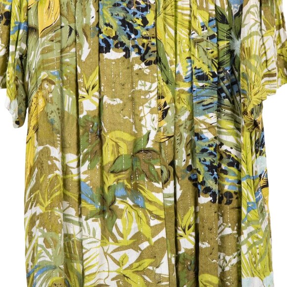 Go Softly Patio Dress M Womens Green Floral Metallic Thread Snaps Lounge Wear - Picture 3 of 6